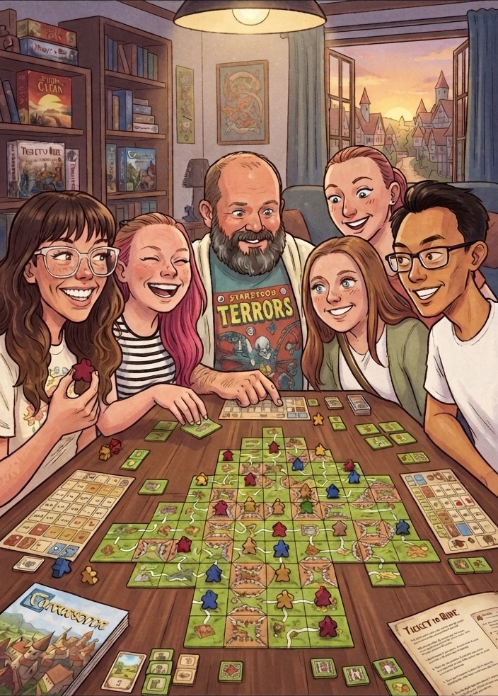 The whole family playing Meeple Sisters around the table