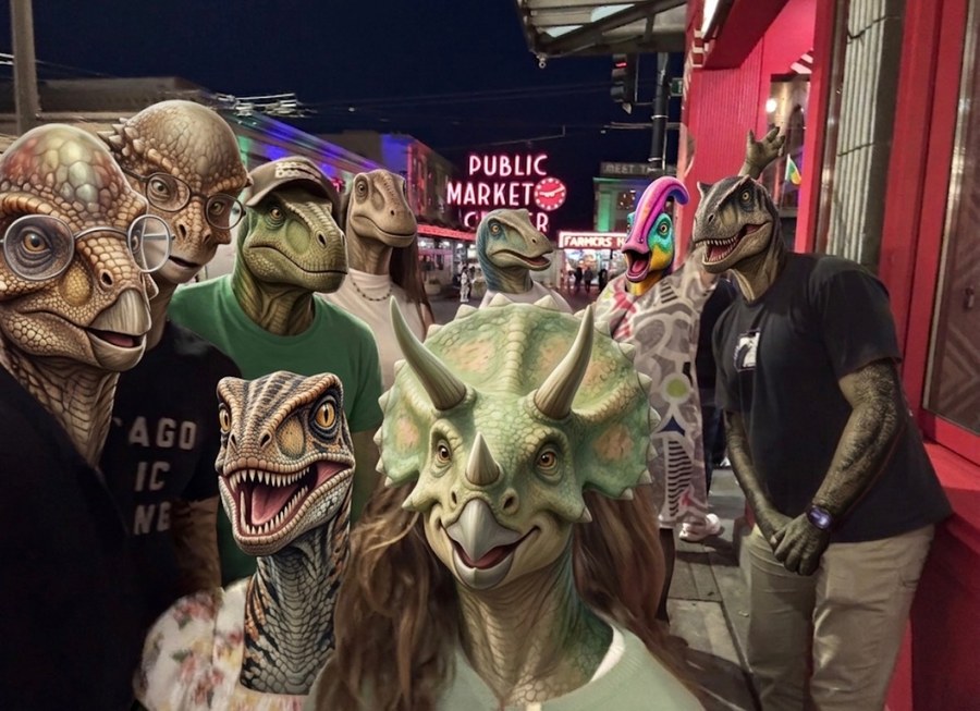 The family out at Pike Place Market, everyone wearing dinosaur masks